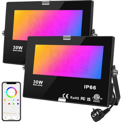 Projecteur LED Couleur Connecté Bluetooth avec Prise, 220V Spot LED 30W RGB Multicolore Dimmable par APP IP66 étanche pour Extérieur Intérieure, Outdoor Flood Light Lot de 2 (1/5)