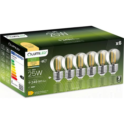 6 bombillas LED E27 tipo bola P45 de 2W = 25W, 249lm, 3000K, cálida, 360°, filamento Lumiled (1/5)
