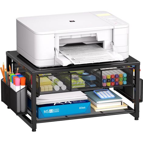 2-Tier Metal Printer Stand & Monitor Riser, Desk Organizer with Drawer and Pen Holders, Multi-Purpose Storage for Fax Machines, Scanners and Office Devices (1/5)