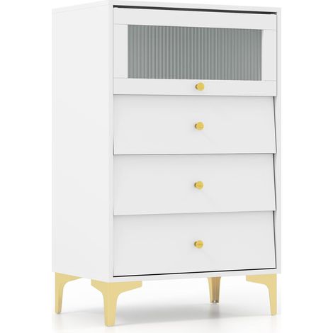 GOPLUS Commode avec 3 Tiroirs 60x0x95,5CM avec Placard à Porte en Verre et Tiroirs Coulissants-Pieds Métalliques Dorés,Blanc (1/5)
