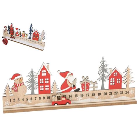 1pc Holz Adventskalender 24-Tage bewegende Geschenke Auto Weihnachtskalender 2025 mit dem Weihnachtsmann Snowman Weihnachtshaus Dekor Holzornamente für Kinder Erwachsene, 16x6 Zoll. (1/5)