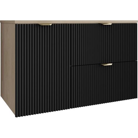 Mobile da bagno con frontale scanalato 100 cm (60+40) con cesto portabiancheria, noce chiaro (MDF), frontale nero, maniglia dorata, 100 x 47 x 60 cm (1/5)