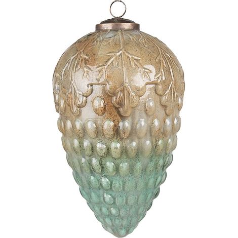 Boule de Noël XL en Verre Turquoise et Marron Décoration Vintage Style Campagne 11x20 cm - PANGIVO (1/3)
