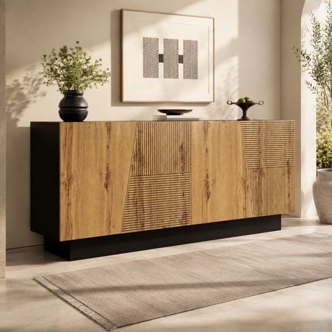 Buffet 160 x 40 x 72 cm en panneau de particules noir et bois DESVIAE (1/5)