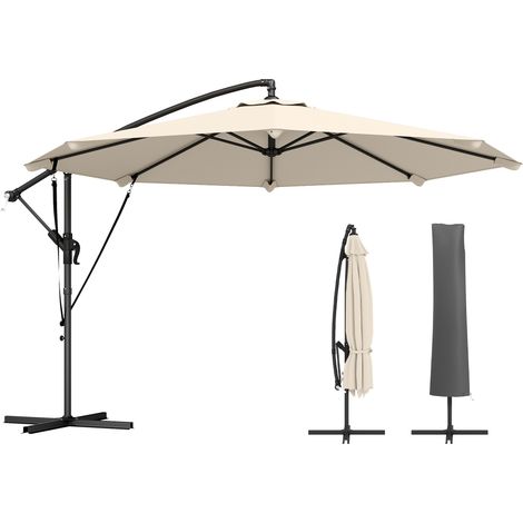 Parasol déporté inclinable Ø300 cm avec manivelle, pied croix, haubans, housse protection blanc crème