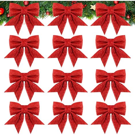 12 Weihnachtsschleifen (12 x 15 cm), große rote Glitzerschleifen, ideal als Weihnachtsdekoration für Weihnachtsbaum, Geschenkverpackung, Autogirlande und Hochzeiten. (1/5)