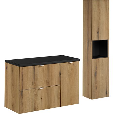Badmöbel Set 2-teilig, 90cm Waschtischunterschrank, in Eiche und schwarz, NEWPORT-56-OAK (1/5)