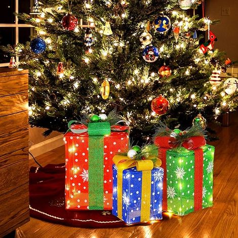 GOPLUS Lot de 3 Boîte Cadeaux LED, Décoration Noël Lumineux avec Nœud, Étanche avec 52 LED Blanc Chaud, pour Intérieur et Extérieur (1/5)