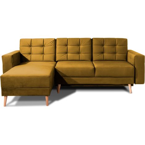 Ecksofa mit Schlaffunktion HASGARD 3-Sitzer gelb 248x162 cm – mit Stauraum und Holzbeinen