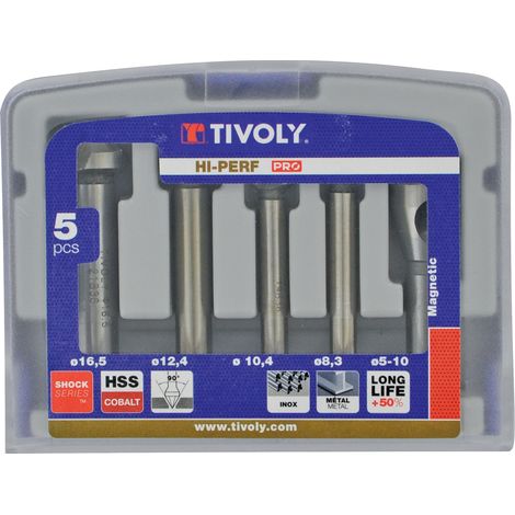 Tivoly • Coffret de 4 fraises à noyer DIN 335C HSS Cobalt 5% à 90° Ø 8,3 à 16,5 mm + 1 fraise à ébavurer 5-10