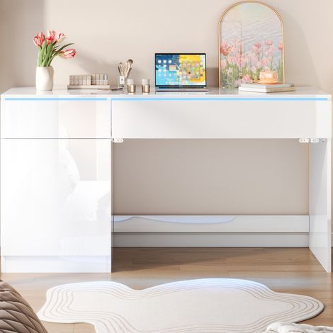 Bureau blanc brillant 120x50 cm avec LED, 2 tiroirs et 1 porte, bureau et coiffeuse pour chambre (1/5)