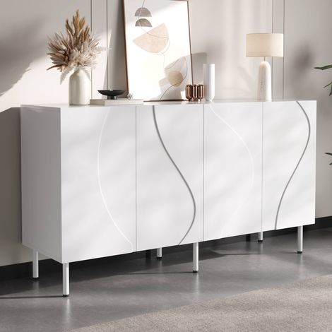 Buffet 4 portes 140 x 40 x 77,5 cm, système push-to-open et étagères intérieures, en MDF et métal, pour salon, Blanc (1/5)