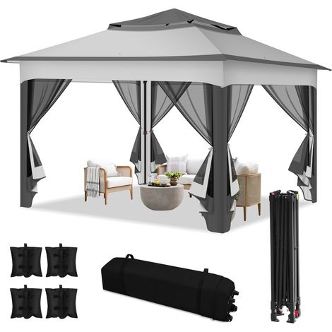 Jiubiaz Cenador plegable de jardín 3,3 × 3,3 m con mosquitera y doble techo ventilado – Gris (1/5)