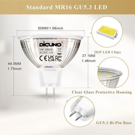 Ampoule LED GU5.3 Blanc Froid 6000K, MR16 LED 12V 5W Equivalent à 50W Halogène, Ampoules LED Spot Non Dimmable, Lot de 10 (1/4)