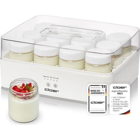 Yaourtière pour 12 pots, chacun 150 ml de capacité, pour yaourts et ferments, minuterie, 8 à 14 heures, boîtier en plastique blanc, 17 W, couvercle transparent (1/5)