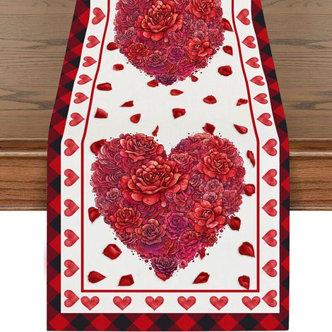 33×180cm Red Rose Heart Pattern Table Runner - Romantic Valentine's Day Decorative Tablecloth