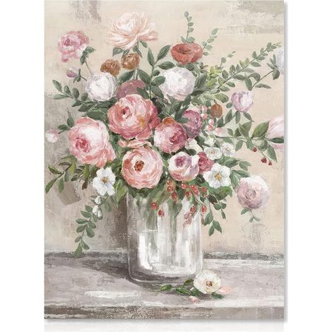 Vintage fleur toile art mural ferme Nature morte poster rustique rose blanc Floral vase impression botanique peinture à l'huile salle de bain chambre salon 12x16 unframed (1/5)