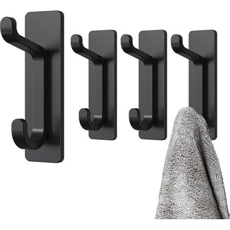 4-Piece Black Adhesive Wall Hooks, Bathroom Towel Rack, Kitchen Dishcloth Hook, Adhesive Coat Rack, No-Drill Wall Mount, Waterproof, Rustproof