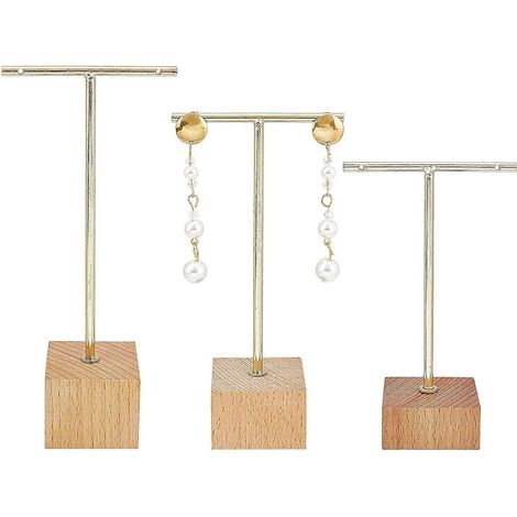 Présentoir à boucles d'oreilles en métal doré (lot de 3), hauteurs 6,3/5,5/4,5 pouces, base carrée en bois, supports de suspension pour boucles d'oreilles, organisateur de bijoux. (1/5)