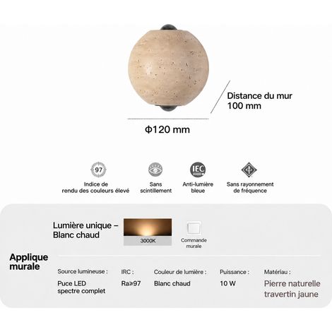 Applique murale boule ronde en travertin jaune éclairage haut et bas wabi-sabi 61 21 × 21 × 21 cm 2 g – Livraison gratuite