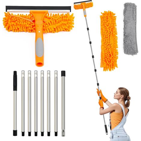 4M Fensterputzset mit Silikonabzieher und Mikrofaserbürste, professioneller Fensterabzieher, Teleskop-Fensterreiniger mit 270° drehbarem Kopf, Orange