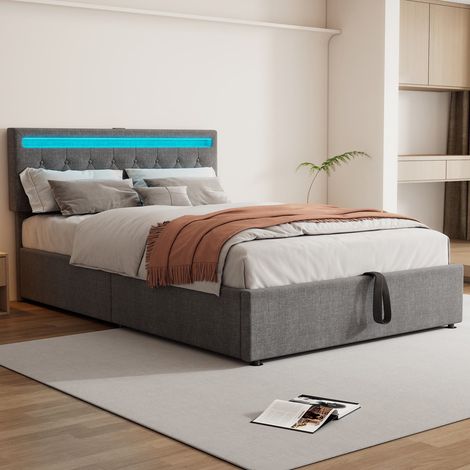 Lit électrique 140x200 cm rangements led usb-c tissu gris (1/5)