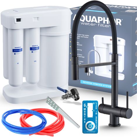 Kit de filtro de agua potable por ósmosis inversa Aquaphor Morion 101S + grifo de cocina de tres vías HighFlex - Negro mate (1/4)