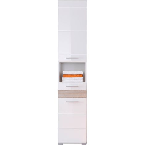 MezzoBad Badschrank hoch 2 Türen, 1 Schublade, 1 offenes Fach weiß, weiß Hochglanz, Eiche Dekor. (1/3)