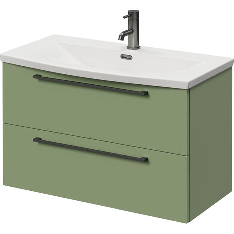 Napoli 390 Olive Green 800mm Wall Mounted 2 Drawer Vanity Unit with Arc Basin - 800mm - Gunmetal Grey 480mm Handle