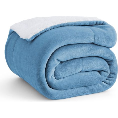 Plaid Polaire Sherpa Couverture - Bleu, 130x150 cm Plaid Canape Grande Taille, Douce et Chaude Double Face avec Fourrure d'agneau et Tissu Polaire pour Canapé et Lit, Épais (1/5)