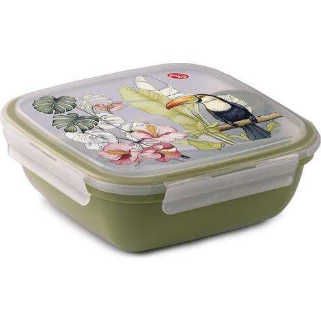 Snips Fresh Lunch Box Quadrato Tucano Con Posate, Vassoio E Salsiera, 4 Chiusure Di Sicurezza, 1,5 Lt, 21x21x8 Cm, Made In Italy