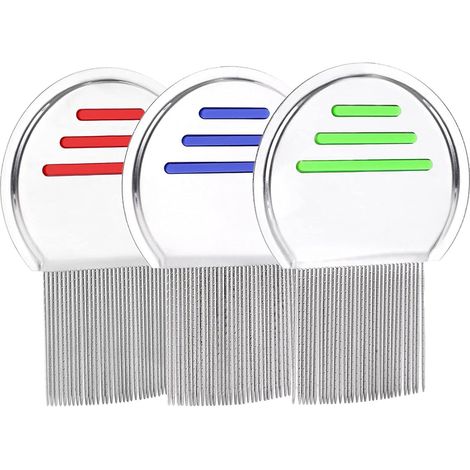 Läusekamm aus Edelstahl, Metallkamm, entfernt Läuse und Nissen sicher, für Kinder und Erwachsene, blau, rot, grün, 3er-Pack (1/5)