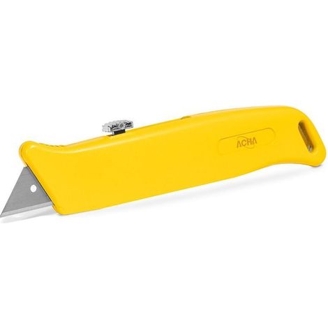 cuchillo metálico retráctil. acero inoxidable. plástico amarillo. longitud 160mm