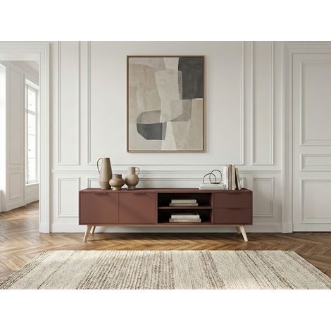 BOBOCHIC - Meuble TV 2 portes 2 tiroirs 180 cm CAPUS pin laqué terracotta (1/5)
