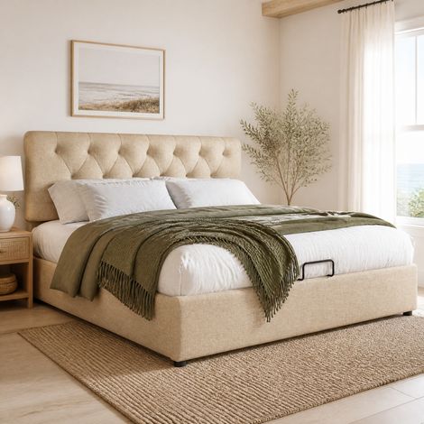 CHICFURN Cama con canapé 140x200 cm de lino natural con cabecero ajustable, sin colchón (1/5)