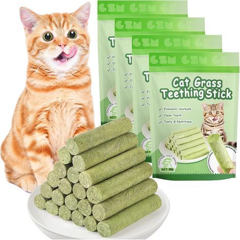 Bâton d'herbe à Chat, 24 pcs Bandes Bâton Chats de Dentition d'herbes à Mâcher Dentition lyophilisé Comestible pour Le Nettoyage des Dents et Élimination des Boules de Poils pour Chat (1/5)