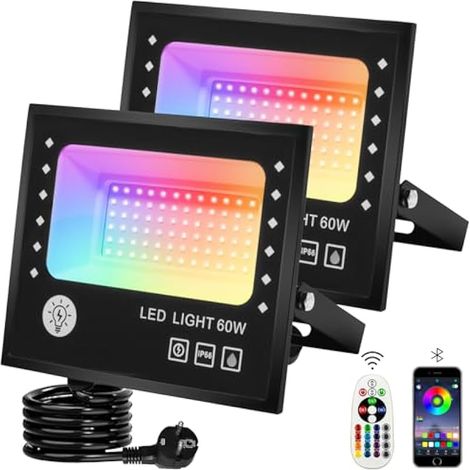 60W Projecteur RGB Exterieur,Projecteur LED Couleur 16 Millions De Couleurs et Mode Stroboscopique Minuterie,Spot Extérieur 6000lm Ip66 Étanche pour Cour,Terrasse,Noël,Fêtes,2 Pièces (1/3)