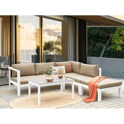 Conjunto de jardín 5 plazas sofá y mesa estructura blanca tablero de vidrio y cojines beige arena Messina (1/5)