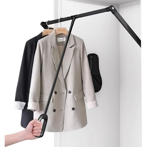 Barre de penderie rabattable pour garde-robe, en aluminium, montage mural, pour garde-robe, placard, vestiaire jusqu'à 20 kg, système à double amortisseur, largeur réglable (Noir, 85-115 cm) (1/5)