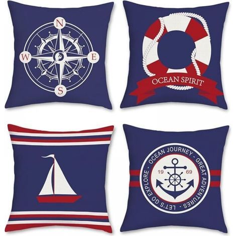 Set of 4 Cushion Covers 45 x 45 cm Nautical Anchor Compass Sailboat Blue and Red Polyester Linen Decorative Pillowcase for Sofa Beds Chairs Car Living Room Home Decor (1/4)