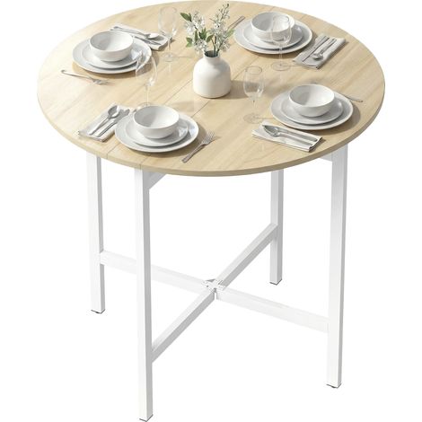 Runder Klapptisch 80 cm, ausziehbare Tischplatte in Naturholzoptik, Stahlgestell, für 2 bis 4 Personen