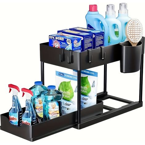 Organizador deslizante de 2 niveles para debajo del fregadero, cestas de plástico, soporte para cajón de especias de cocina y baño, color negro. (1/5)