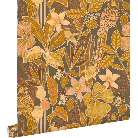 papier peint fleurs tropicales et des oiseaux de paradis marron terracotta  - ESTAhome (1/5)