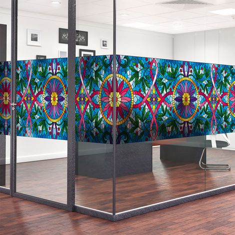 Film Fenêtre Anti Regard Occultant - VITRAIL LIANES ET FLEURS - Stickers pour Vitres & Porte de Douche - 40x200cm (1/5)