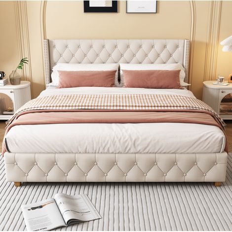 Cama doble tapizada lino con cabecero y tachuelas OKMYHOME (1/5)