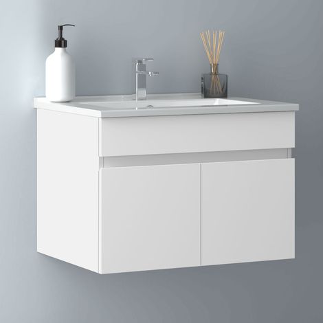 60 cm Waschtisch mit Unterschrank Badmöbel Set mit Waschbecken Keramik dünn Gäste WC Weiß Matt (1/5)