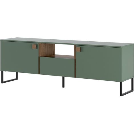 Mobile Porta TV Con 2 Ante A Ribalta 1 Cassetto E Vano a Giorno Design Moderno Piedini Slanciati Stile Nordico Industriale 179 x 60 x 40 Cm Colore Verde E Rovere