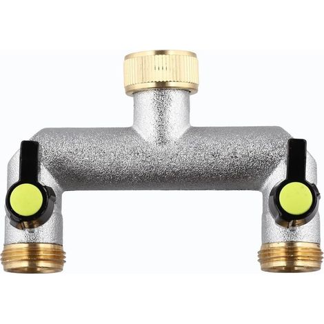 Distributeur d'eau en laiton 2 voies de type T avec robinet à bille, séparateur de tuyau d'arrosage de 1,9 cm et adaptateur de robinet pour un débit d'eau efficace vers deux sorties (1/5)