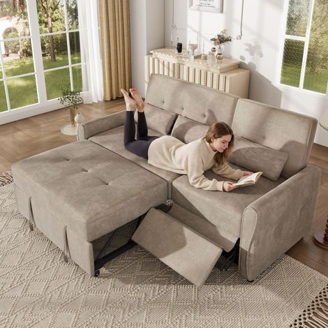 Canapé-lit convertible 3-en-1 3 places 176x148x83 cm avec couchage extractible, dossier réglable 3 positions, repose-jambes, chenille marron (1/5)