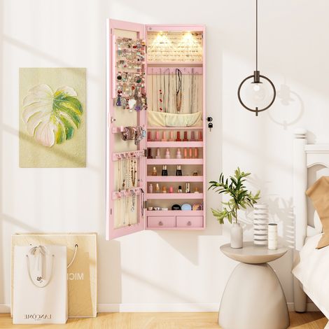 Armoire à Bijoux avec Miroir et Lumière LED Multiples Rangements avec Crochets pour Porte 120 x 36 x 10 cm Rose (1/2)